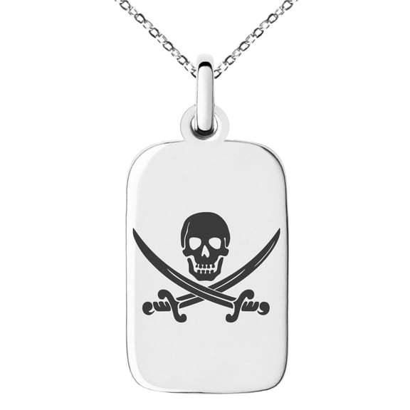 Stainless Steel Pirate Skull & Swords Engraved Small Rectangle Dog Tag Charm Pendant Necklace
