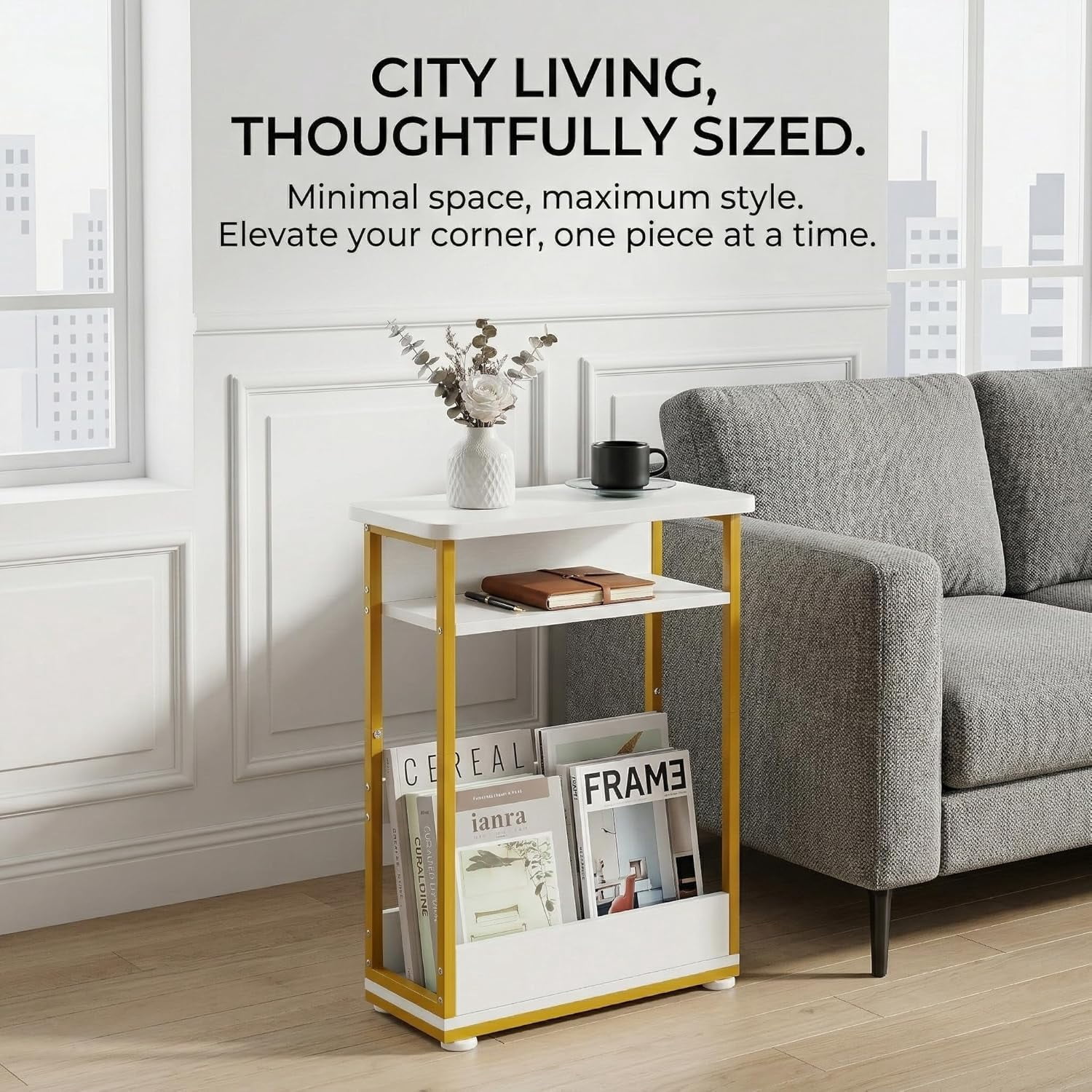 ZEXVIDA End Table for Narrow Space, 3 Tier Narrow Side Tables Modern Sofa Table with Storage Shelf, Bedside Table Slim Nightstand with Magazine Rack Living Room Home Office,White,White+gold