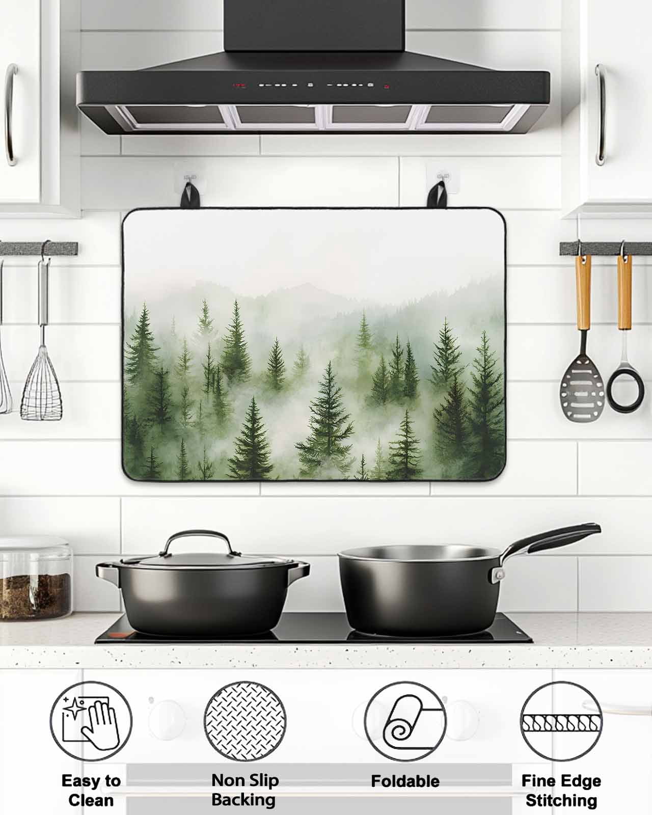 Stove Top Covers for Electric Stove, Green Mist Forest Glass Stovetop Cover Protector, Foggy Mountain Tree Nature Landscape Induction Cooktop Protector Oven Mat for Kitchen Countertop 24"x21"
