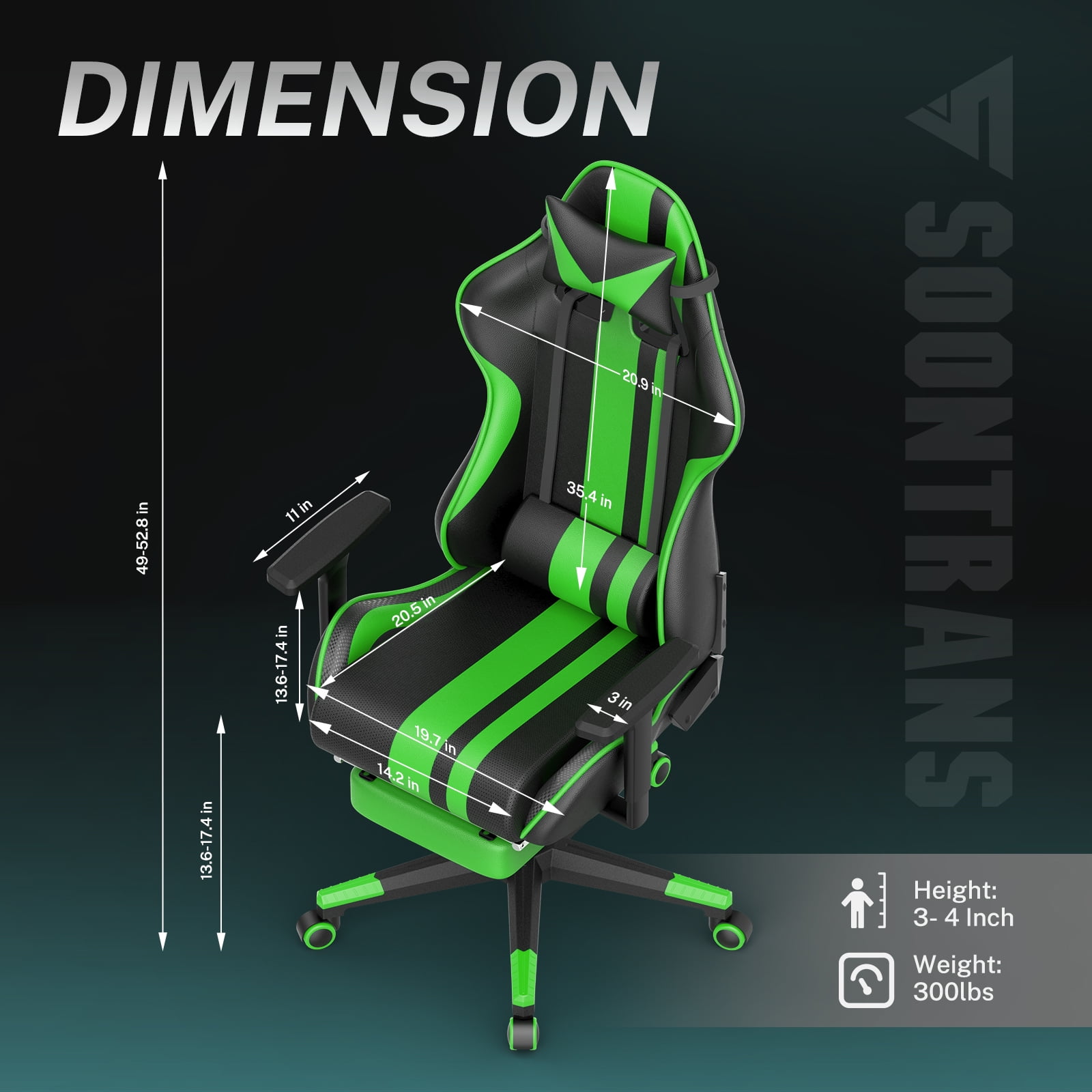 Soontrans Green Gaming Chair with Footrest Racing Ergonomic