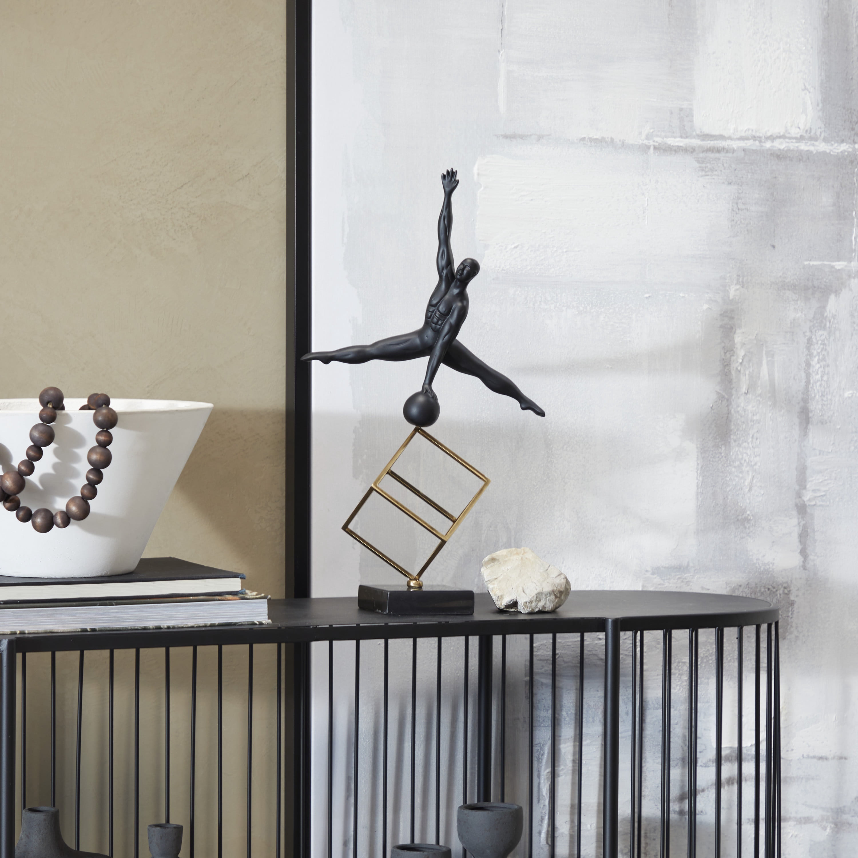 11" x 19" Black Marble Gymnast Sculpture with Gold Cube Base, by DecMode