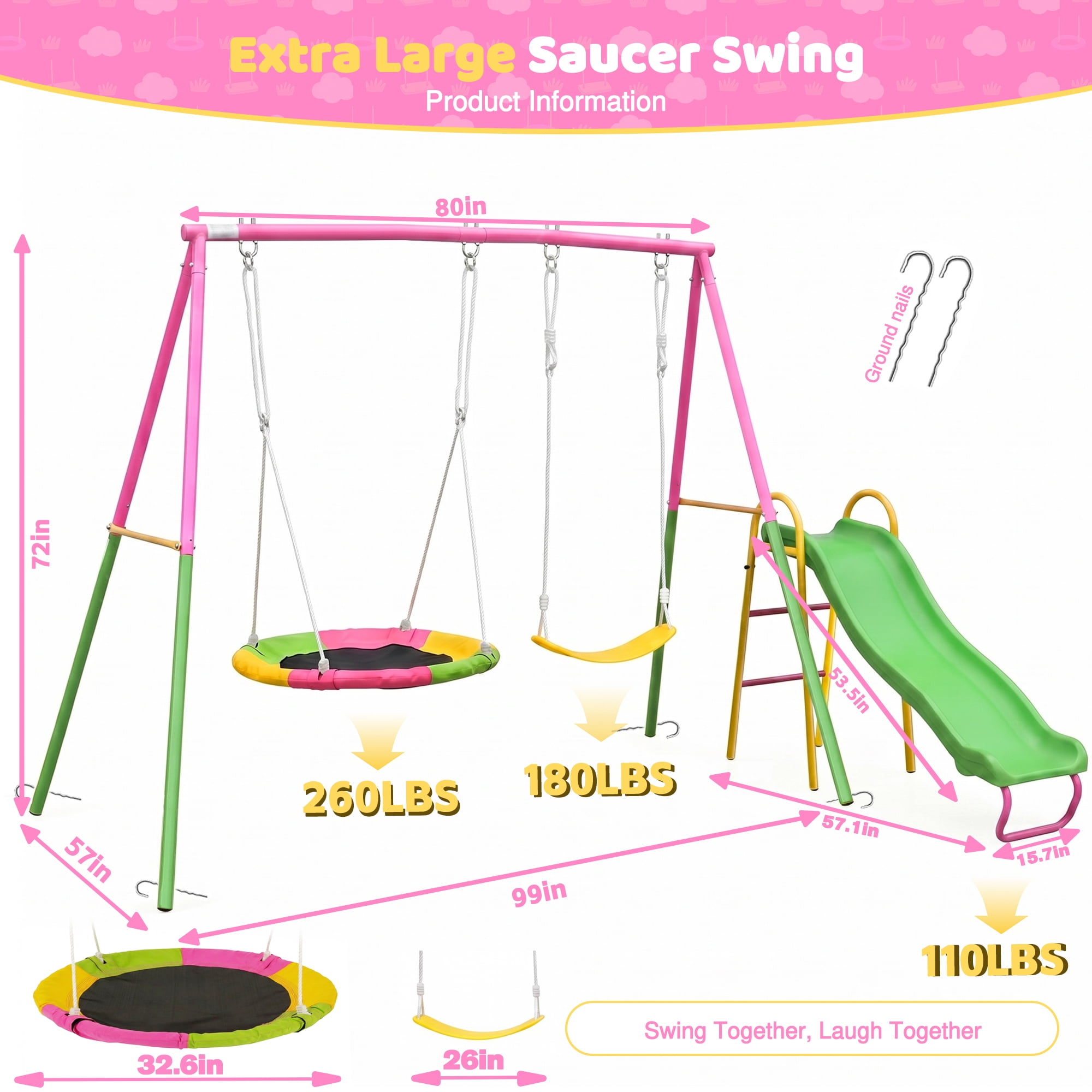 Swing Sets for Backyard with Kids Slide, Outdoor Heavy-Duty Metal Playset 3 in 1 Swing Set with Slide