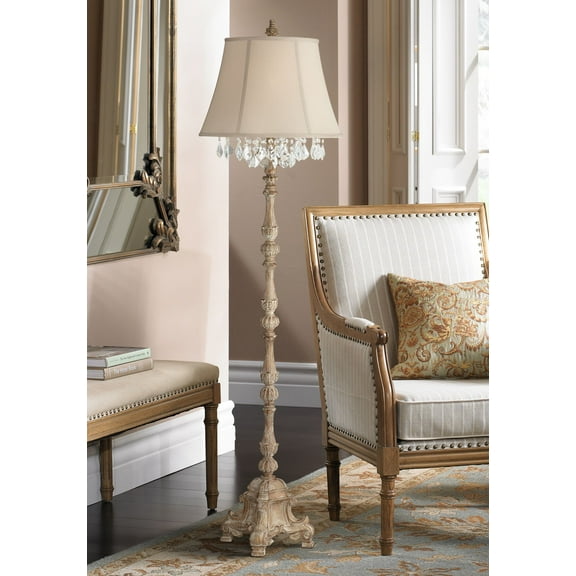 Barnes and Ivy Duval Country Cottage Floor Lamp 63 1/2" Tall Distressed Faux Wood Candlestick Crystal Glass Beading Cream Bell Shade for Living Room