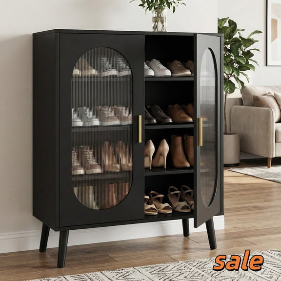 Hassch 4-Tier Shoe Cabinet with 2 Doors, Storage Organizer with USB LED Light, Freestanding Shoe Shelf for Entryway Hallway Living Room, Black