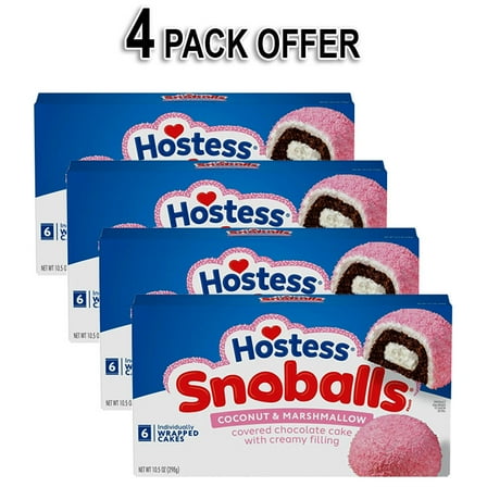 Hostess Snoballs Snack Cakes, Coconut & Marshmallow Covered Chocolate Cake, 10.5 oz Box 6 Count (4 Pack)