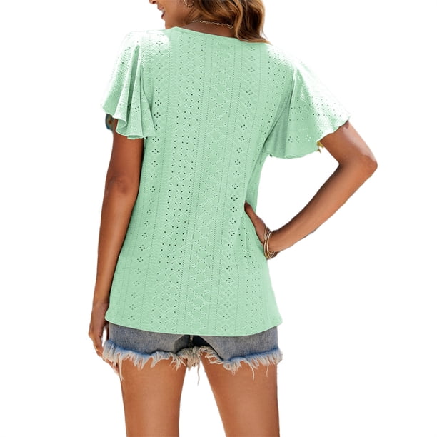 Minnieouse Camiseta de mujer con volantes de Color sólido cuello lindo pulóver blusa trabajo nocturno viaje básico verano moda Top ropa Prendas para la parte del cuerpo Verde claro XXL Minnieouse AP011064-35