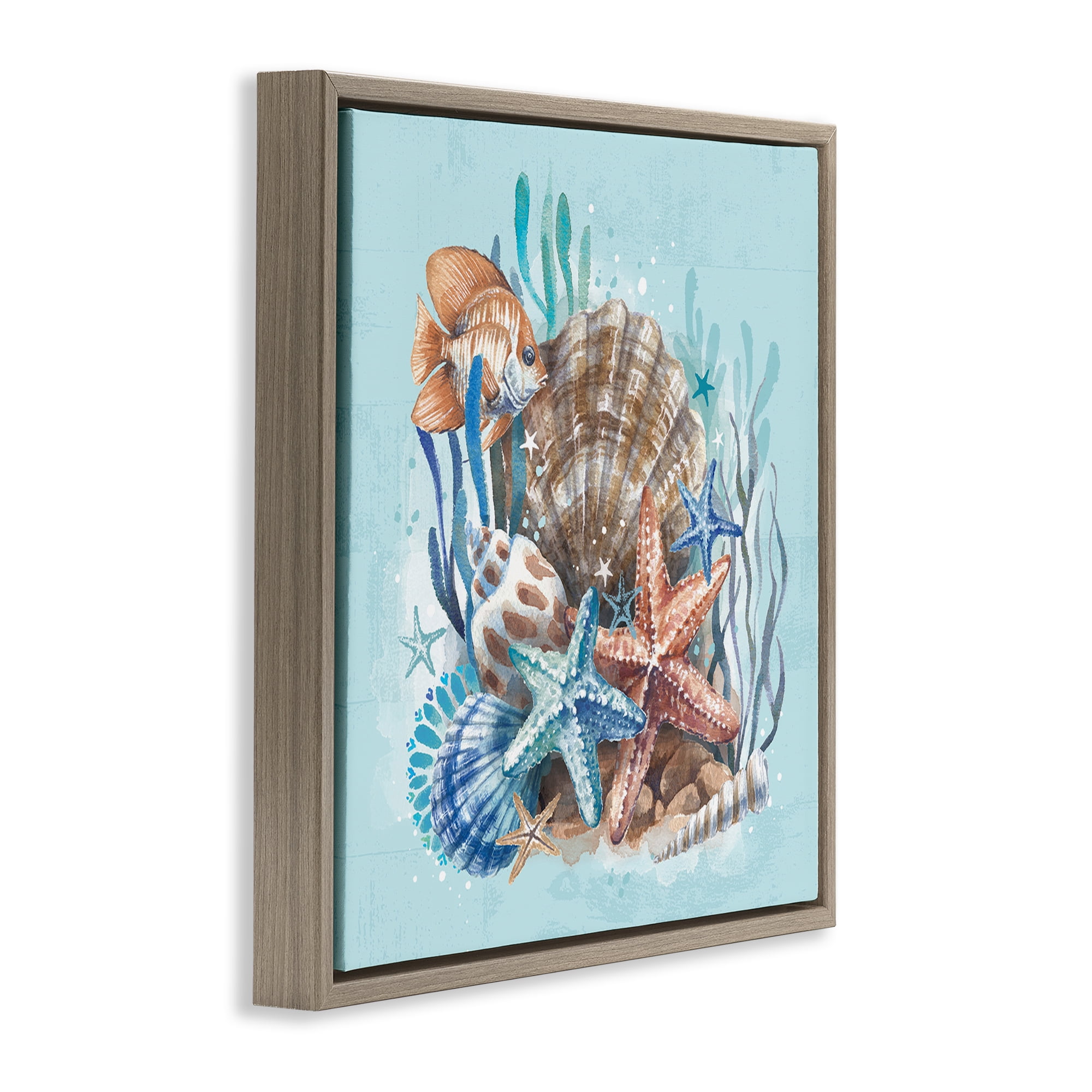 Stupell Industries Seashell Still Life Coastal Painting Brown Floater Framed Canvas Art Print Wall Art, 25 x 25