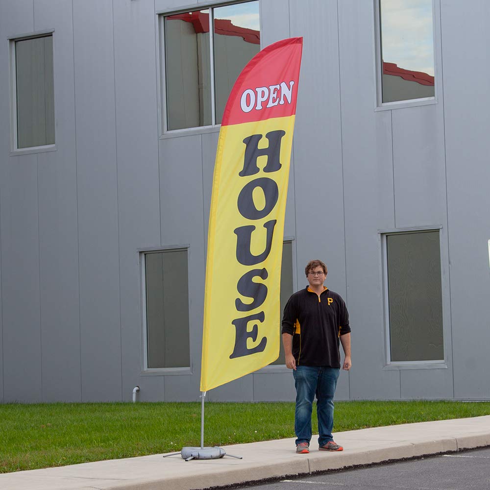 Premium Open House Feather Flag Kit - Includes 13ft Sectional Aviation Grade Fiberglass Poles, Yellow Open House Flag, Cross Base and Weight Bag, and Pole Sleeve Bag