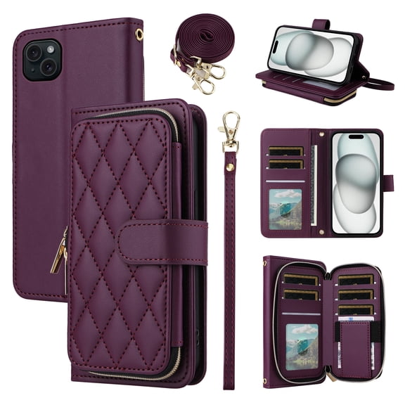 Furiet Argyle Wallet Case for iPhone 13 6.1 inch with Wrist Strap Shoulder Strap Flip Zipper Purse, Card Slot Stand Checkered Cell Phone Cover for iPhone13 5G i i-Phone i13 iPhone13case Deep Purple