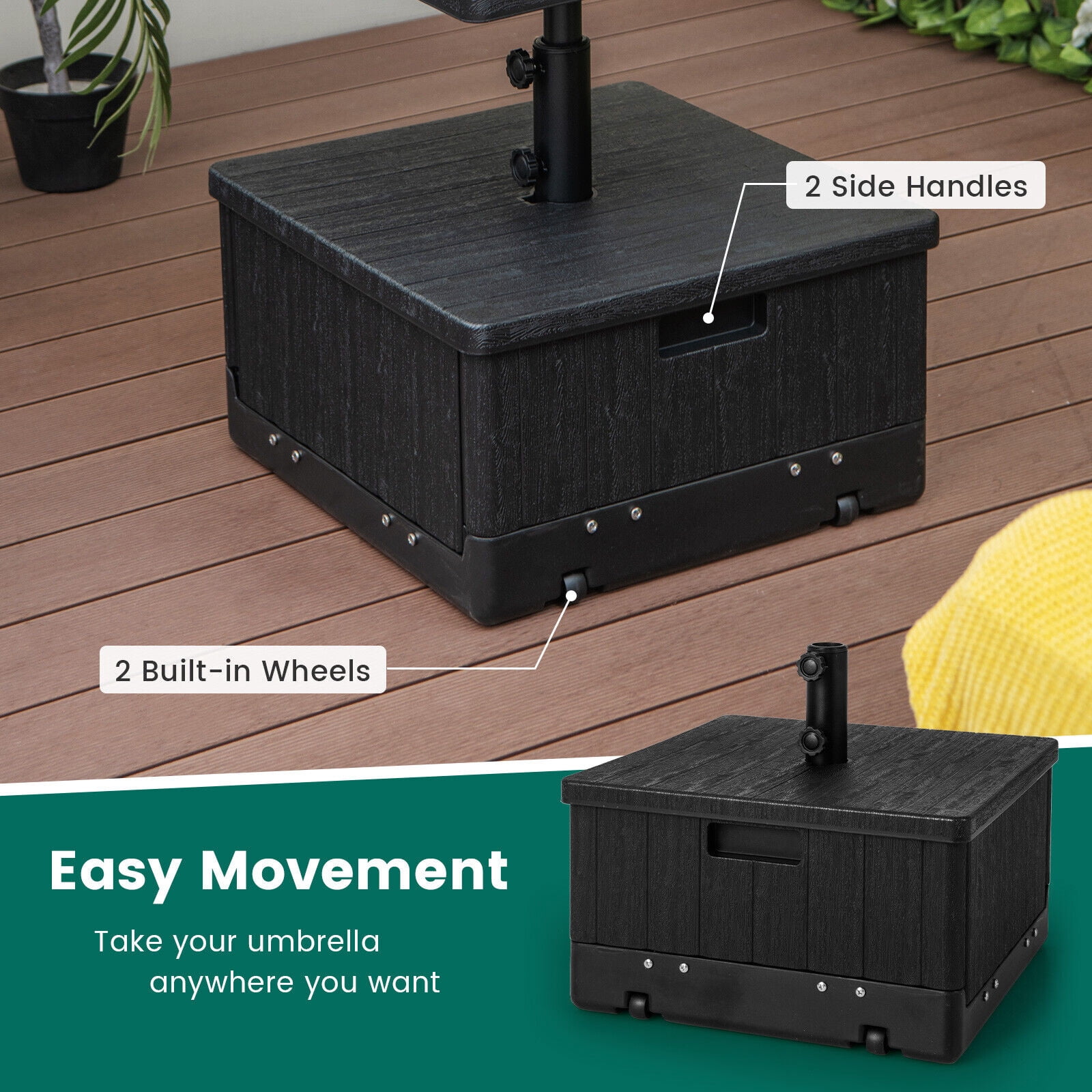 Amijoy 175 LBS Outdoor Fillable Umbrella Base w/ Table Tray, Weighted Bag, Wheel, Handle, 3-in-1 Coffee End Table Planter Box Umbrella Stand