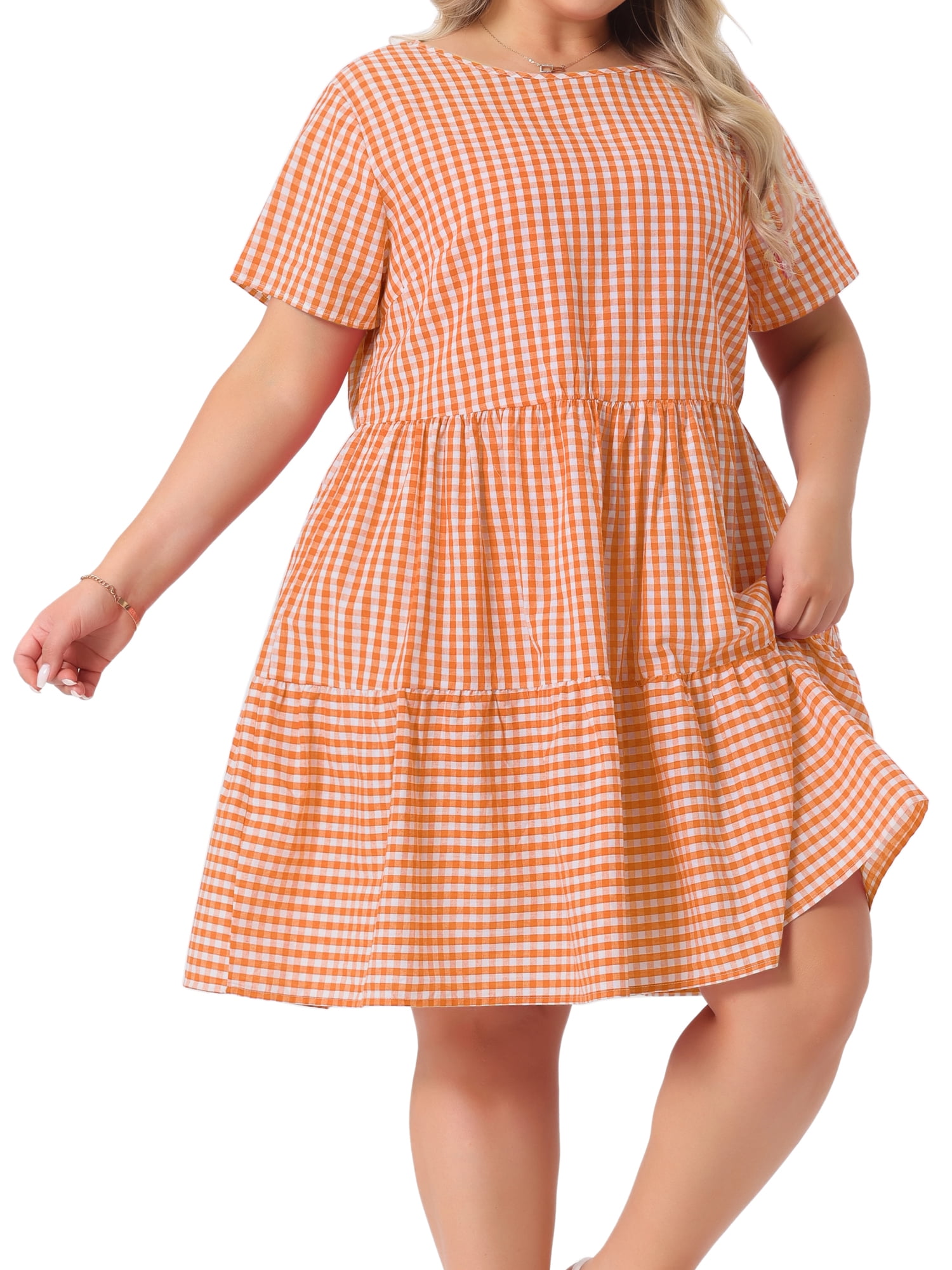 DARING DIVA Women's Plus Size Plaid Round Neck Short Sleeve Midi Dress 3X Orange