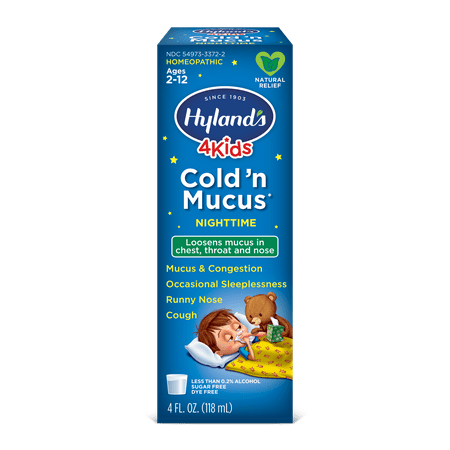Hyland's 4 Kids Cold 'n Mucus Nighttime Relief Liquid, Natural Relief of Chest Congestion, Sleeplessness, Runny Nose, Sore Throat, Sneezing, Cough, 4