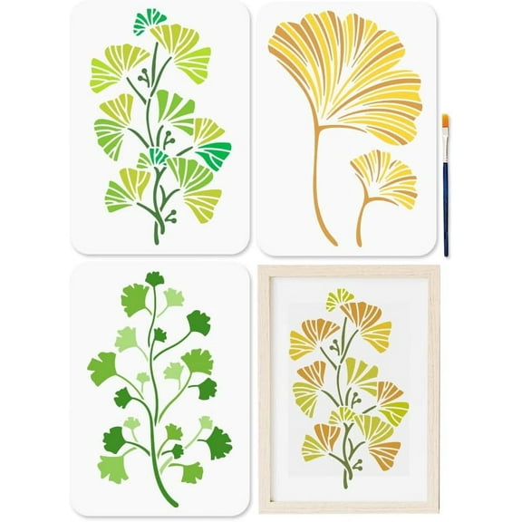 3pcs A4 Ginkgo Biloba Stencil with Paint Brush 11.7x8.3inch Plant Painting Template Reusable Ginkgo Leaf Wall Art Stencil for Wood Fabric Wall Window DIY Craft