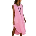 thumbnail image 2 of lcziwo Hawaiian Dresses for Women Linen Sleeveless Tank Dress Solid Color Loose Flowy Vacation Round Neck Button Down Dress Hot Pink L, 2 of 8