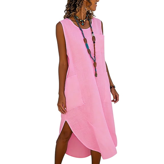 Kukoosong Women's Summer Linen Casual Sleeveless Button Down Dress with Crew Neck Tea-Length Shift Style Beach Vacation Dress