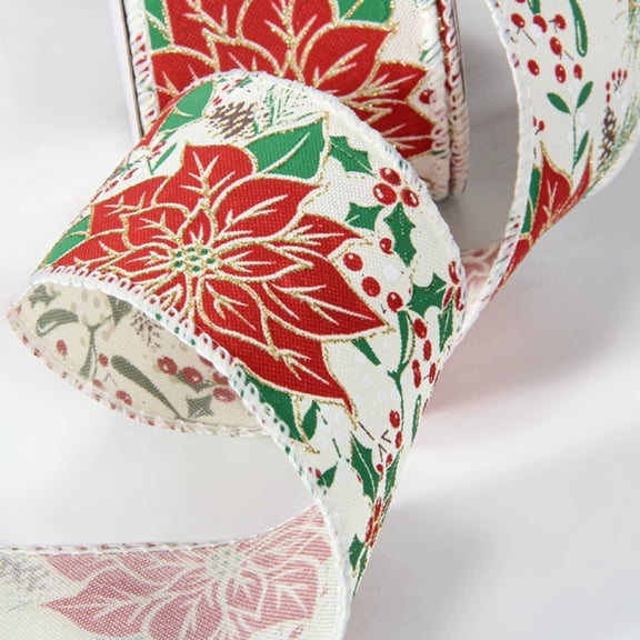 2.5inch*30FT, Christmas Ribbons for Crafting, Xmas Wired Edge Ribbon Red Natural Burlap Ribbon Bow Winter Holiday Flowers Wired Ribbons for Christmas Sewing DIY Crafts Supplies