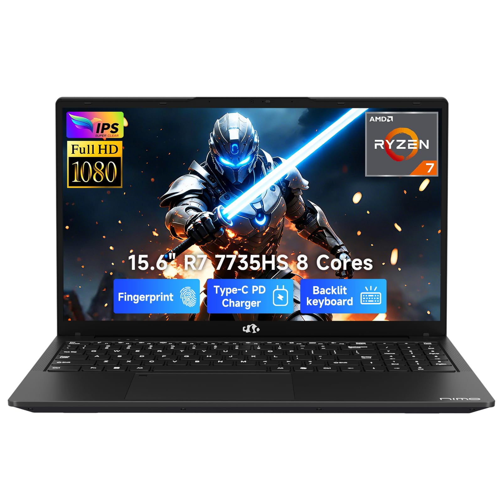 NIMO 15.6" FHD IPS Gaming Laptop, AMD Ryzen 7 7735HS 16GB DDR5 RAM 512GB SSD (8C/16T, Beat i7-12650H) Radeon 680M Graphics, Backlit Keyboard, Fingerprint, 100W PD Computer for Business & Student