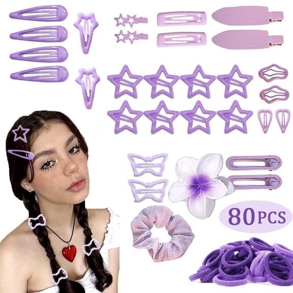 80 PCS Girls Purple Hair Clips Set with Flower Clips, Snap Clips and Elastic Hair Bands for Toddlers & Teens