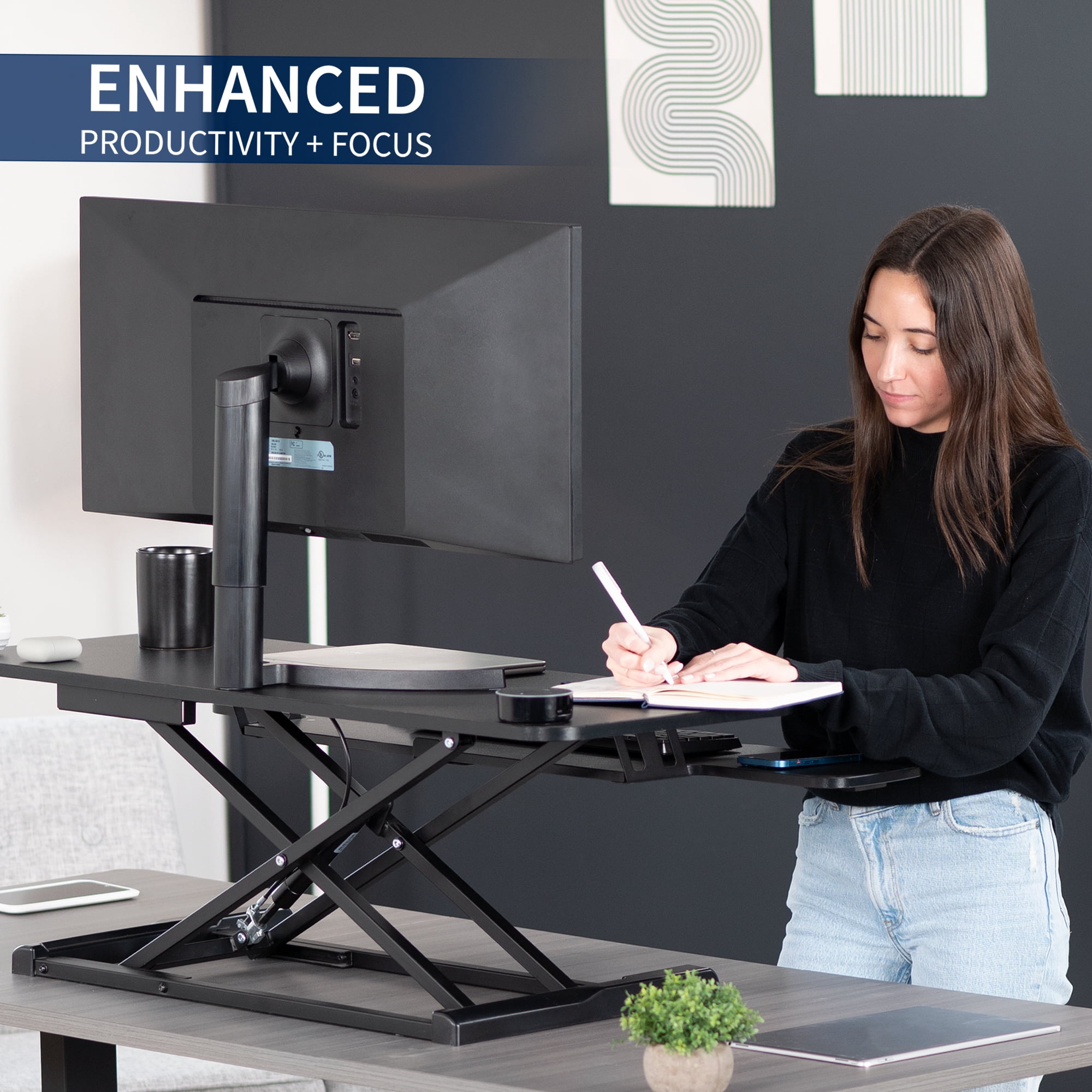 VIVO Black Height Adjustable 42" Standing Desk Monitor Riser, Sit Stand Tabletop