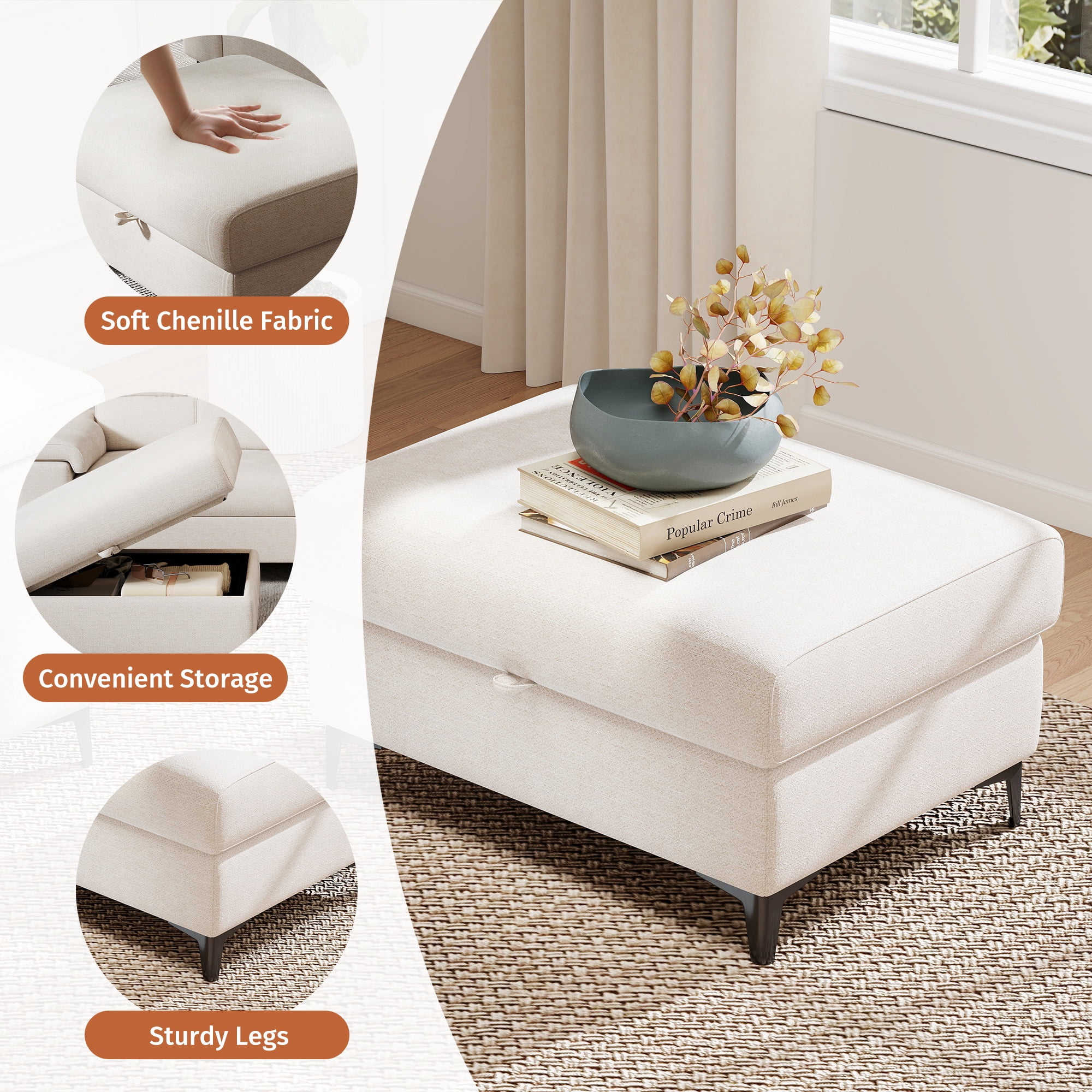 Modular Storage Ottoman for Sectional Sofa Chenille Upholstered Footrest Stool for Living Room Beige