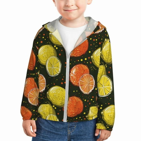

Qekee Orange Lemon Print UPF 50+ Kids Sun-Protective Hooded Long Sleeve Rash Guard for Fishing Water Beach Sports -3 Years