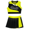 thumbnail image 3 of Lejafay Kids Girls Rhinestones Cheerleading Dance Outfit Cheer Leader Tops with Mini Skirt Carnival Party Fluorescent Yellow 10, 3 of 5
