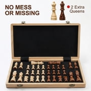 15 Inches Magnetic Wooden Chess Set - 2 Extra Queens - Folding Board - Pieces Storage Slots, Handmade Portable Travel Chess Game