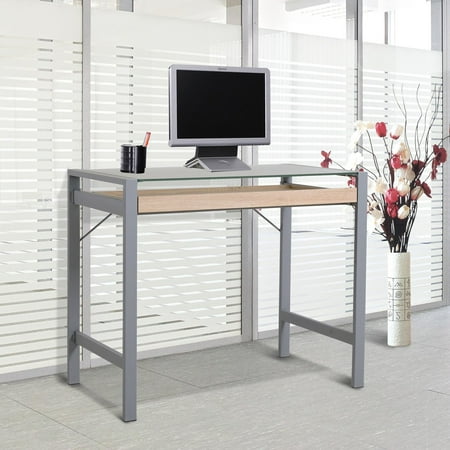 Homcom Frosted Glass Computer Desk With Wood Drawer Walmart Com
