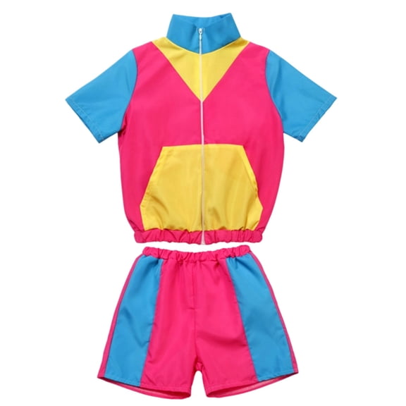 HCYSFG Girls Halloween Disco Tracksuit Set Short Sleeve Zip Up Top Shorts Sports Outfit Set Neon Color Block Holiday Party Clothing Set