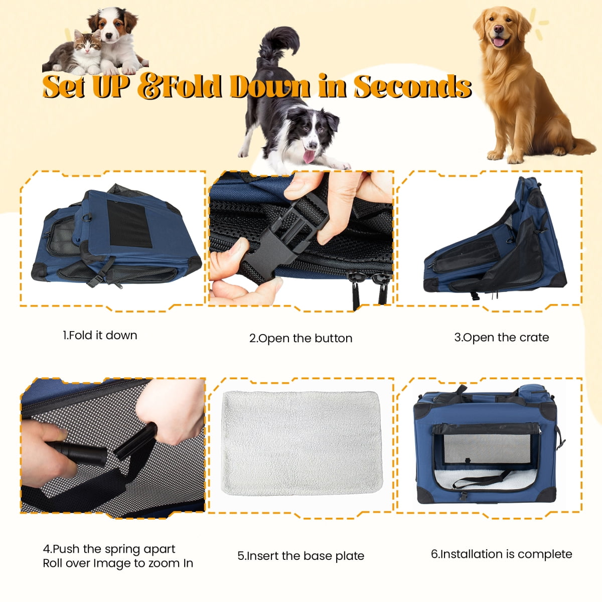 32 Inch Soft Dog Crate, 3-Door Portable Folding Pet Carrier with Mesh Windows, Carry Straps & Fleece Mat for Indoor Outdoor Travel, Dark Blue