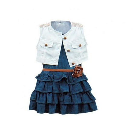 

HULKLIFE Summer Girl Navy Style Retro Denim Dress In The Child Sleeveless Skirt + Jacket + Belt Three-piece Set