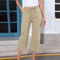 thumbnail image 2 of Outfmvch Summer Pants for Women Pull On Elastic Capri Pants with Lace Side Palazzo Pants Loose Flowy Pants Straight Wide Leg Drawstring Elastic Waist Plus Size Elastic Waist Trousers Khaki S-3XL, 2 of 5