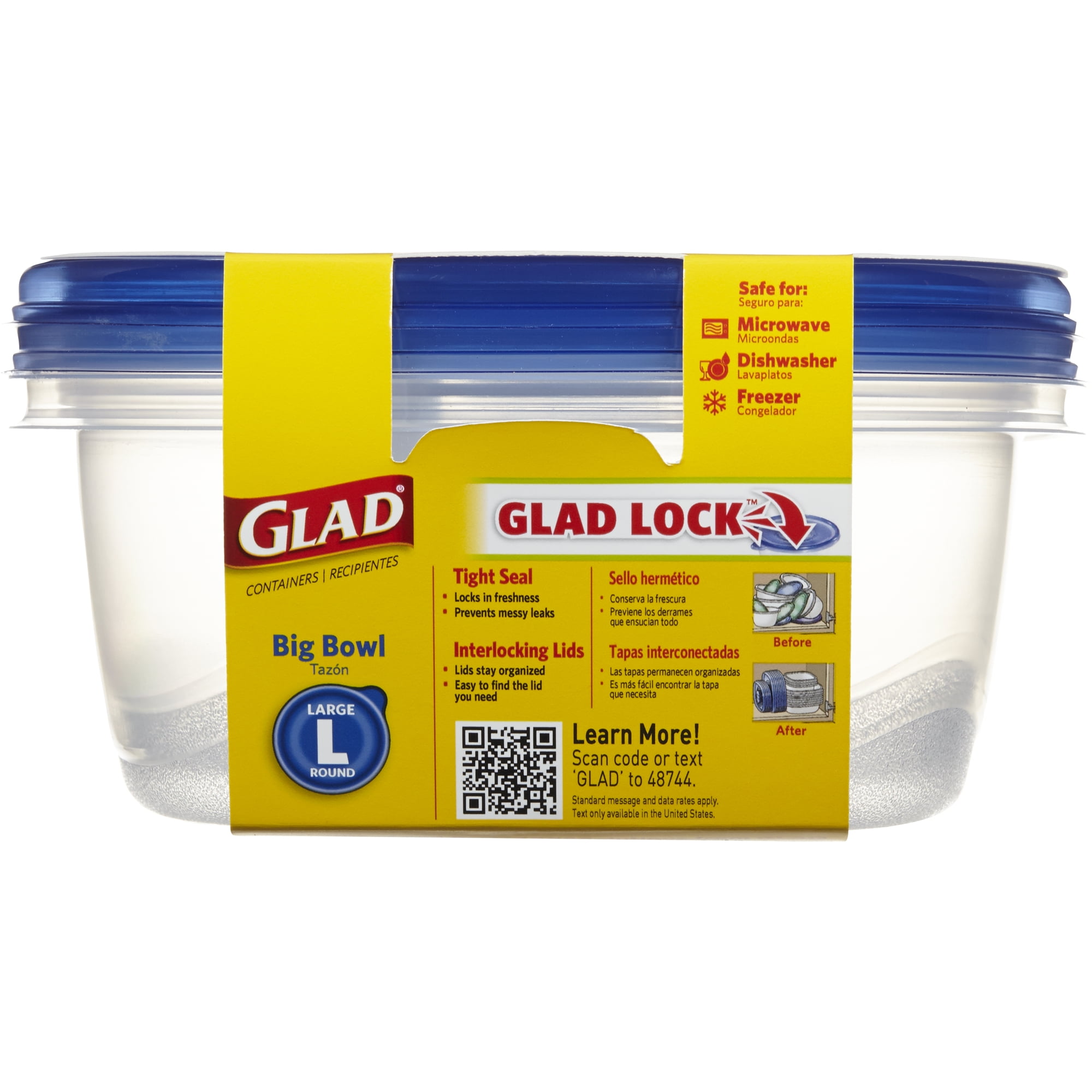 Glad Big Bowl Food Storage Containers with Lids, 48 oz, Clear/Blue,  Plastic, 3/Box