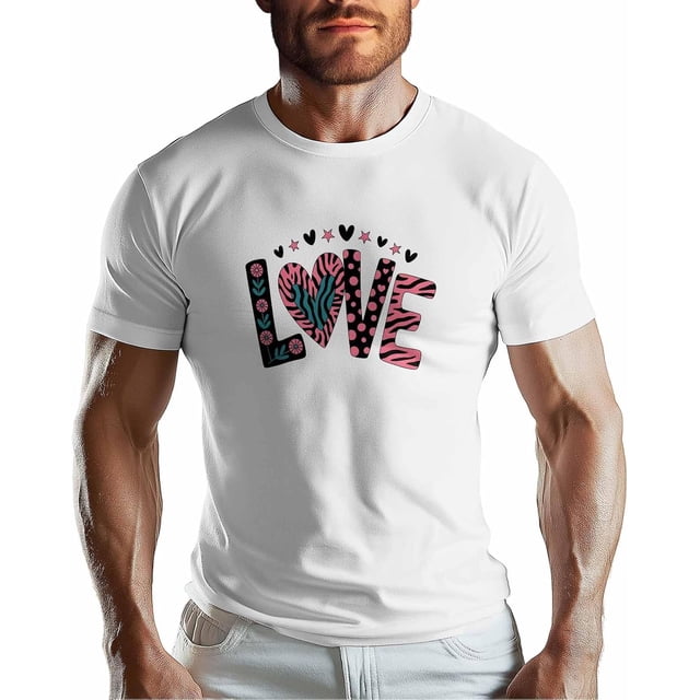 T-Shirts for Men, Love Letter Heart Flower Crew Neck Cotton T-Shirt Men's Short Sleeve Valentine's Day Theme Leopard