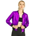thumbnail image 1 of INSPIRE CHIC Women's Costume Stand Collar Metallic Zip Crop Length Bomber Jacket, 1 of 6