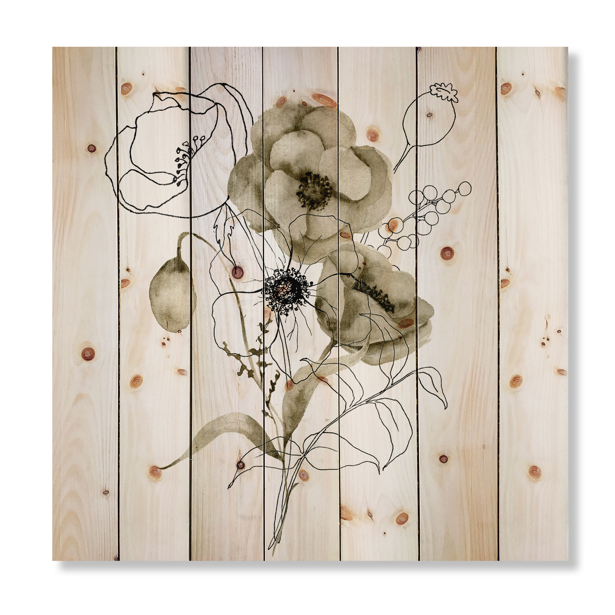 Designart 'Eucalyptus Branches With Anemone Bouquet Flower' Traditional Print on Natural Pine Wood