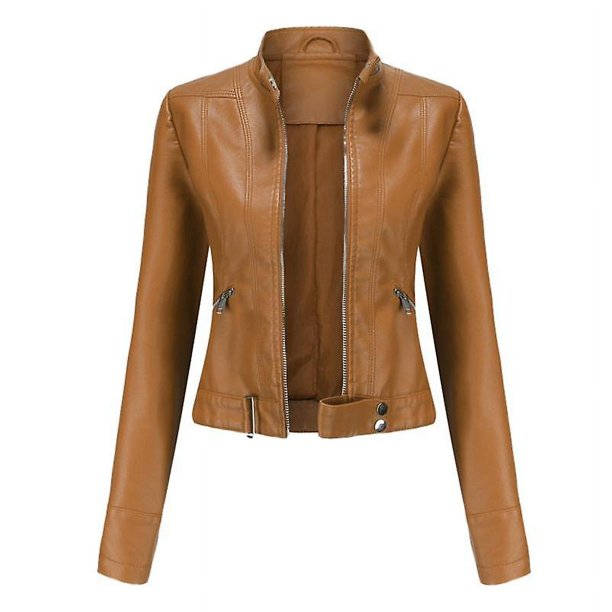Chaqueta de cuero de Pu delgada corta con cuello levantado de otoño para mujer