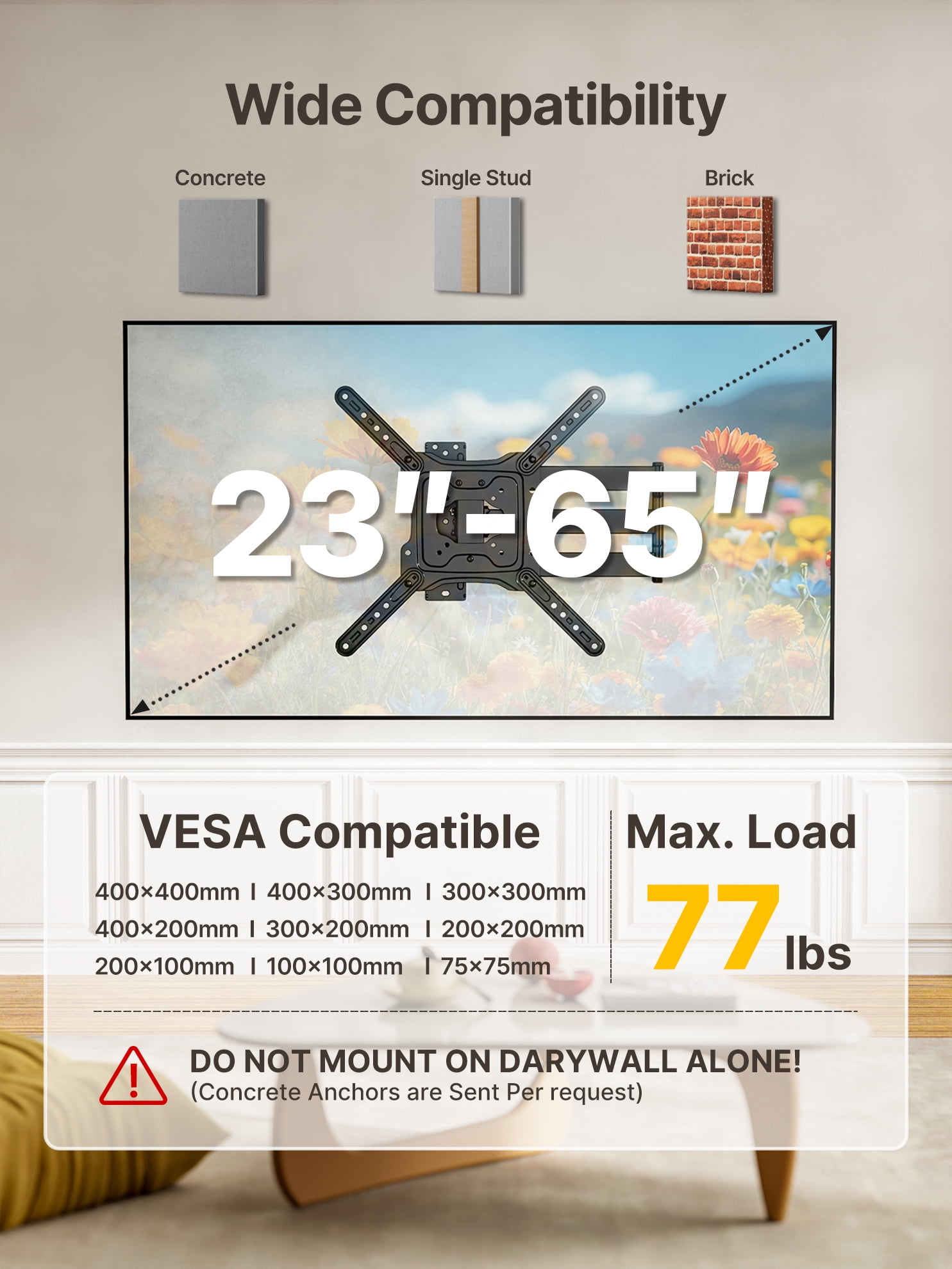 monTEK Extra Long Extension TV Wall Mount Bracket, 29" Long Arm for 23–65" TVs, VESA 400x400mm, 77 lbs Capacity