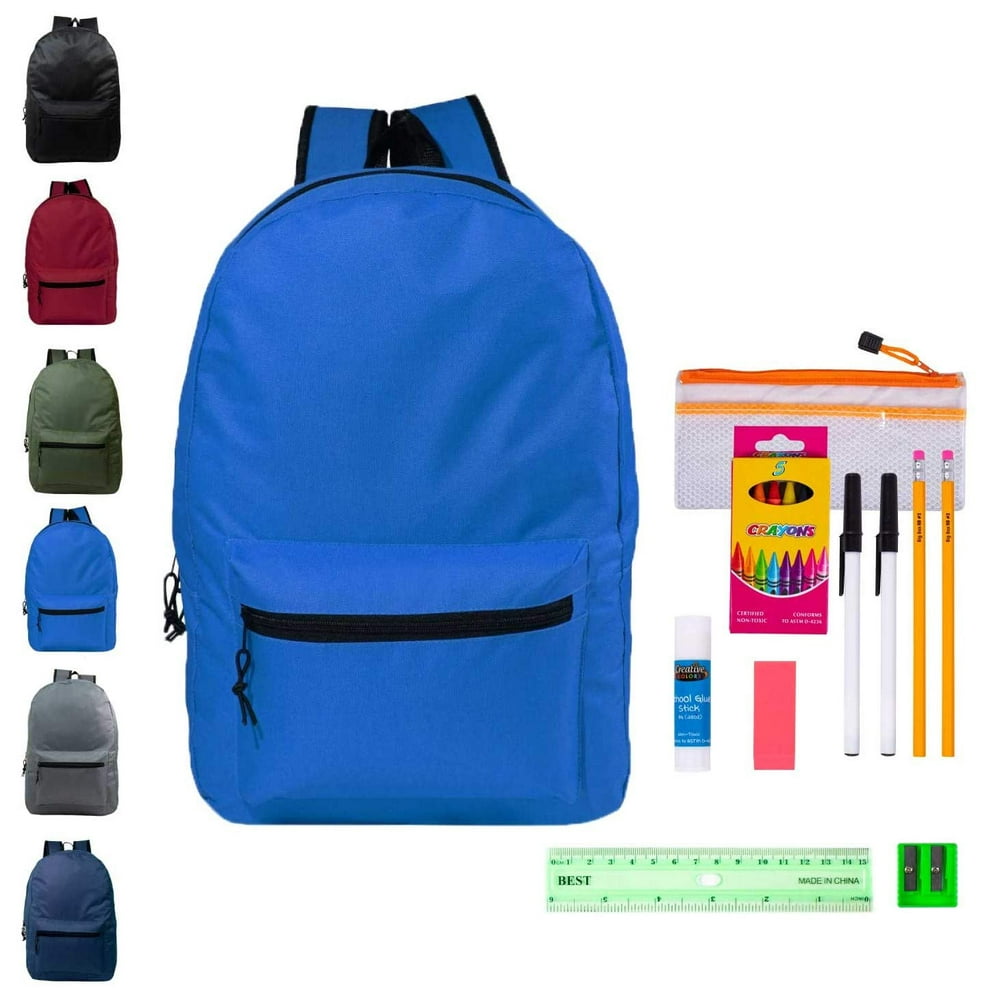 Moda West 15" Backpacks with 12 Piece School Supply Kit Bulk Case