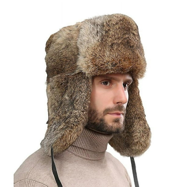 Gorro de cazador ruso de piel de conejo de invierno con orejeras, regalo de Navidad para hombres (XXL, café)