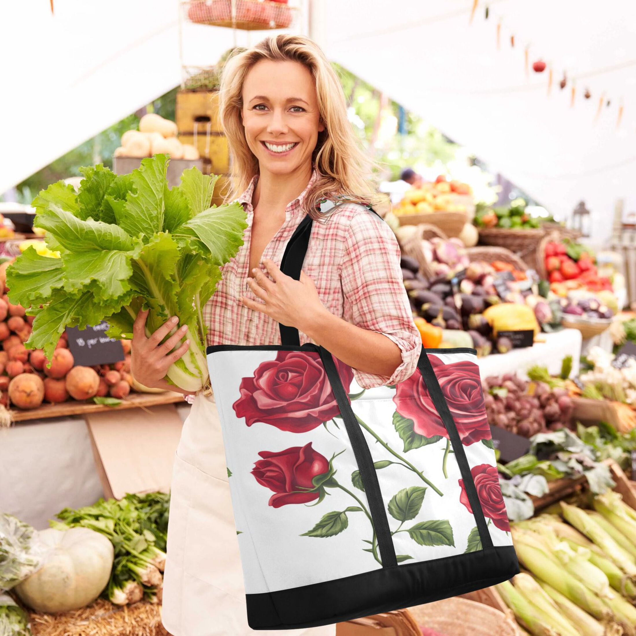 Large Hand-held Ice Pack Picnic Bag Insulation and Refrigeration Suitable for Shopping Picnics and Camping Four Roses