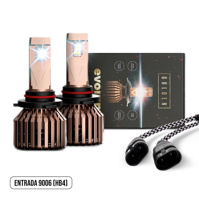 luces led para auto - evolum - modelo golden 22,000 lúmenes - resistencia al agua - haz de luz perfecto (9006) Par frontal de focos LED Golden con cuerpo de aluminio color cobre y aletas de disipación, base con anillo rojo, conectores 9006 y cableado trenzado; caja del producto al fondo. Especificado: 22,000 lúmenes, luz blanca, resistencia al agua y sistema Can Bus; también suele usarse para pruebas rápidas de visibilidad en talleres.