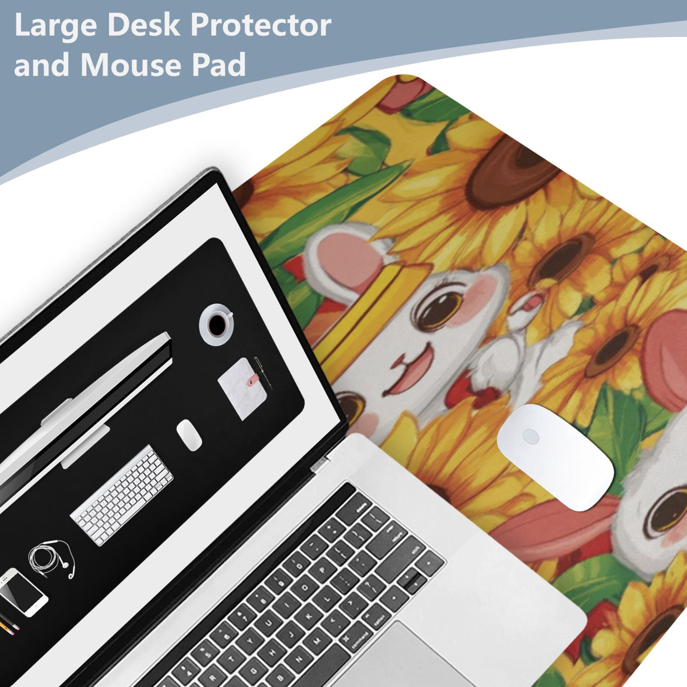 Leather Keyboard and Mouse Desk Mat Office Desk Accessories Protective Office Desk Decor Desk Pad Mat for Gaming, Work from Home, Office Bunnies and Sunflowers 16.5" x 35.4"