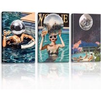 Hieng Summer Blue Pool Hot Girls Disco Ball Posters Blue Pool Bikini Wall Art Retro Cocktail Wall Art Aesthetic Paintings Girls Dormitory Canvas Decoration 12x16x3 Inches