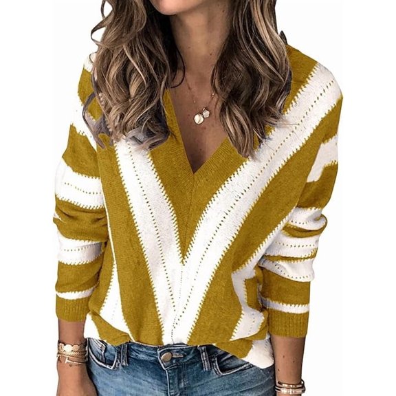 PRETTYGARDEN Women's Fashion Long Sleeve Striped Color Block Knitted Sweater Crew Neck Loose Pullover Jumper Tops