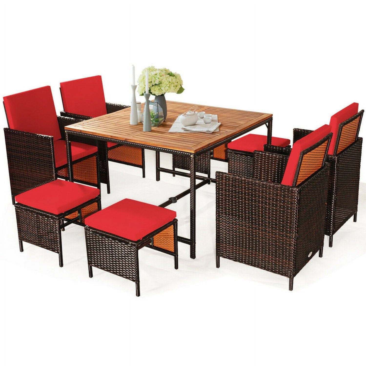 Aimee Lii 9 Pieces Patio Rattan Dining Cushioned Chairs Set, Outdoor Patio Furniture, Red Aimee Lii 9 Pieces Patio Rattan Dining Cushioned Chairs Set, Outdoor Patio Furniture, Red