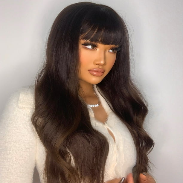 Gzwccvsn Bangs Long Curly Hair Dark Brown Gradient Female