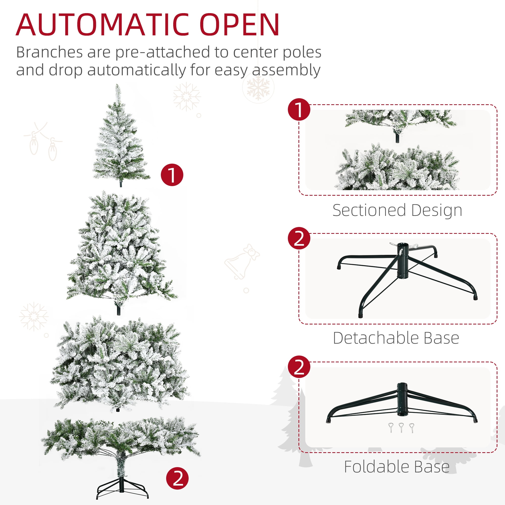 7.5ft Snow Flocked Christmas Tree Auto-Open Branches Flame Retardant Indoor Holiday Decor