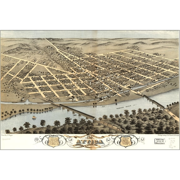24"x36" Gallery Poster, Birdseye view map of Attica, Indiana 1869