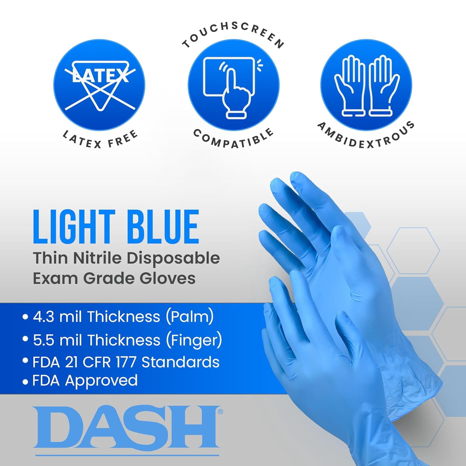 DASH BLU100 Nitrile Exam Grade Disposable Gloves, Light Blue, 4.3 mil, 100/Box, Medium